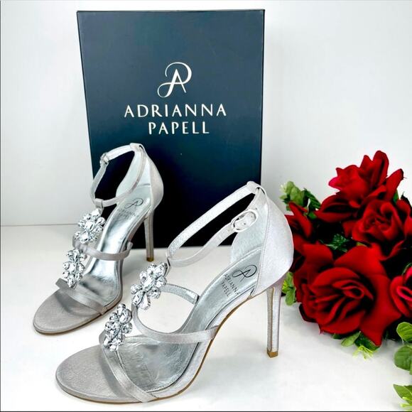 Adrianna Papell Daphne Stiletto Sandal Size 6 Silver Satin & Leather Embellished - Picture 16 of 16